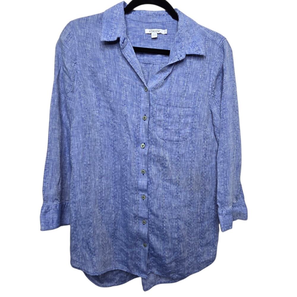 Chicos No Iron Indigo Blue‎ 100% Linen High-Low Shirttail Tunic Womens SZ S